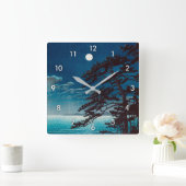月の二宮海岸, 川瀬巴水 Moon at Ninomiya Beach, Hasui Kawase Quadratische Wanduhr (Zuhause)