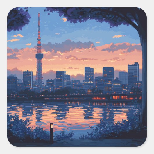 東京の夕暮れの風景 ステッカー QUADRATISCHER AUFKLEBER (Vorderseite)