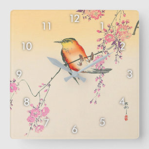 桜 に 鳥, 小 原 邨 Bird & Cherry Blossoms, Ohara Koson Quadratische Wanduhr