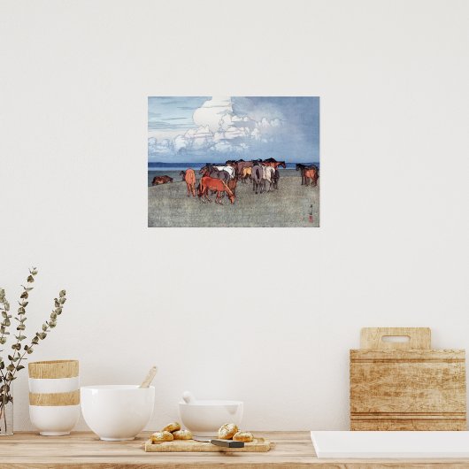 沼 崎 場, Pferde, Hiroshi Yoshida, Holzschnitt Poster (Küche)