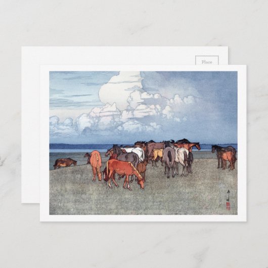 沼 崎 場, Pferde, Hiroshi Yoshida, Holzschnitt Postkarte (Vorne/Hinten)