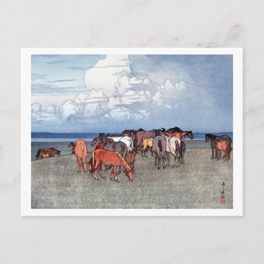 沼 崎 場, Pferde, Hiroshi Yoshida, Holzschnitt Postkarte (Vorderseite)