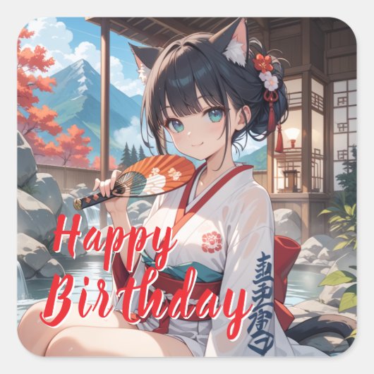 温泉に入る猫耳娘 QUADRATISCHER AUFKLEBER (Vorderseite)