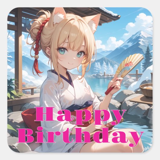 温泉に来た猫耳娘 QUADRATISCHER AUFKLEBER (Vorderseite)