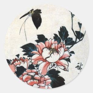 牡 丹 蝶, 広 重 Peonies and Butterfly, Hiroshige, Ukiyo Runder Aufkleber