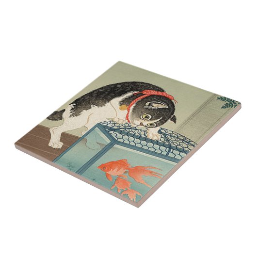 猫と金魚, 古邨 Katze u. Goldfisch, Koson, Ukiyo-e Fliese (Seite)