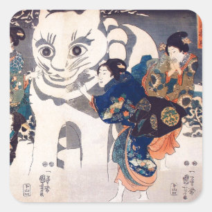 猫 の 雪 だ ま,国 Big Cat Snowman, Kuniyoshi, Ukiyo-e Quadratischer Aufkleber