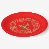 福 Fu Charaktere Rot und Gold Chinesisch Neues Jahr Pappteller (Schrägansicht)