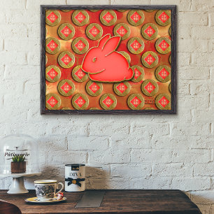 福 Fu-Symbol Red Gold Niedliches Kaninchen Chinesis Poster