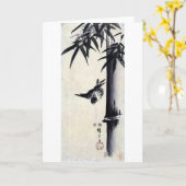 竹に雀, 歌川広重 Bambus u. Spatz, Hiroshige, Sumi-e Karte (Gelbe Blume)