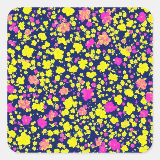 紺地に黄色とピンクの花模様 和風 着物柄 QUADRATISCHER AUFKLEBER (Vorderseite)