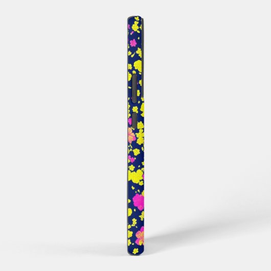 紺地に黄色とピンクの花模様 和風 着物柄 SAMSUNG GALAXY HÜLLE (Rechte Seite)