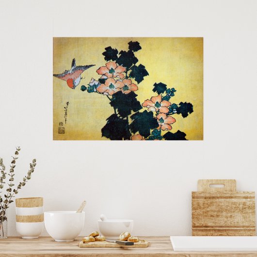 芙 蓉 雀, 北 Hibiskus Mutabilis und Sparrow, Hokusai Poster (Küche)
