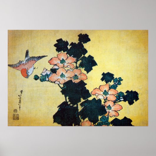 芙 蓉 雀, 北 Hibiskus Mutabilis und Sparrow, Hokusai Poster (Vorne)