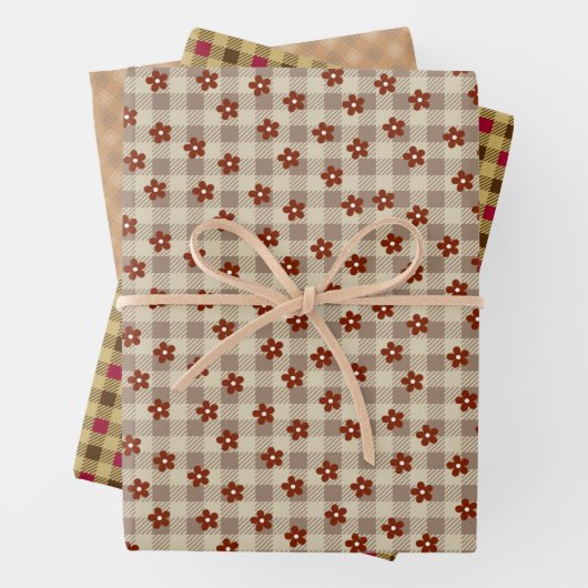 花&チェック(ブラウン) +ギンガムチェック         GESCHENKPAPIER SET (Beispiel)