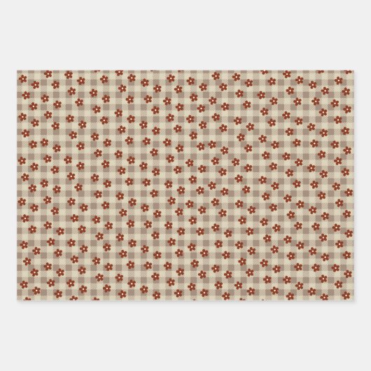 花&チェック(ブラウン) +ギンガムチェック         GESCHENKPAPIER SET (Vorderseite)