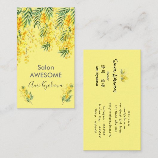 華やかなミモザの花の VISITENKARTE (Vorne/Hinten)