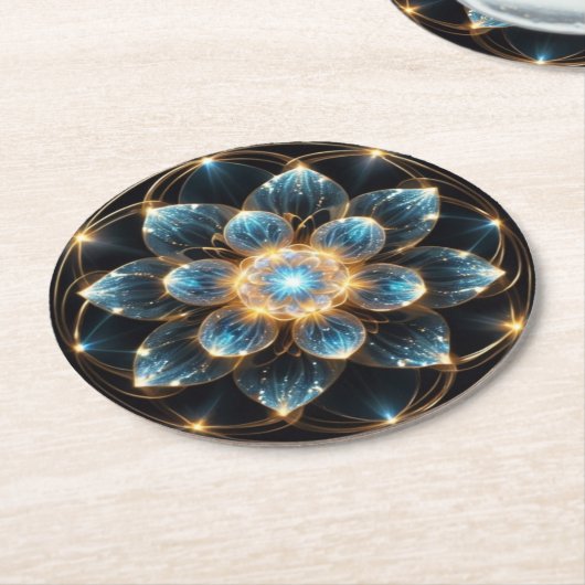 輝く青い花(曼陀羅) RUNDER PAPPUNTERSETZER (Angewinkelt)