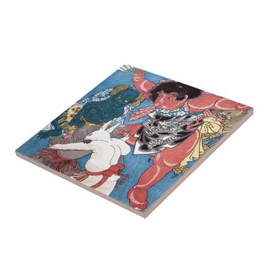 金太郎と動物, 国芳 Kintaro u. Tiere, Kuniyoshi, Ukiyo-e Fliese (Seite)