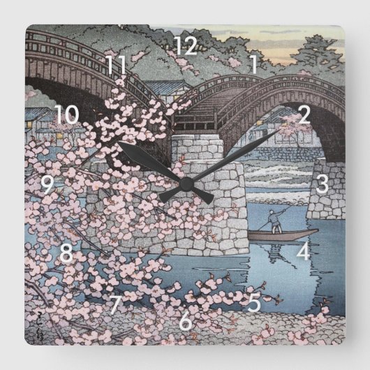 錦帯橋の春宵, Frühling an Kintai Brücke, Hasui Kawase Quadratische Wanduhr (Vorderseite)