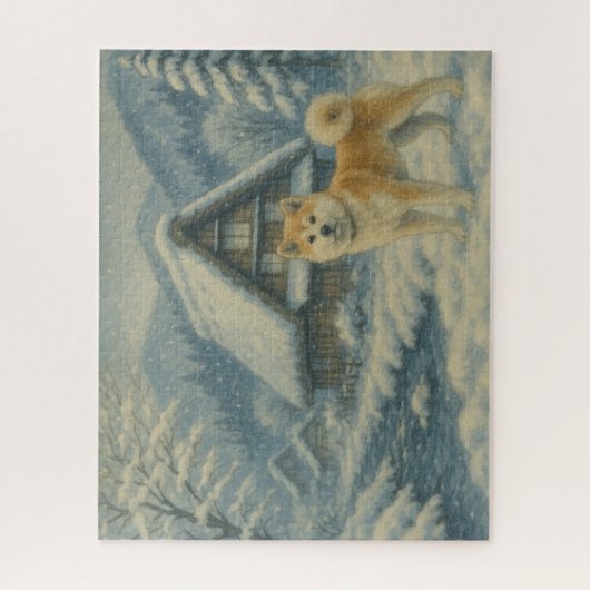 雪の山里と秋田犬 / Akita Inu in a Snowy Mountain Village Puzzle (Vertikal)