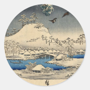 雪 景 色 雀, 広 重 Sparrows in Snow Landscape, Hiroshige Runder Aufkleber