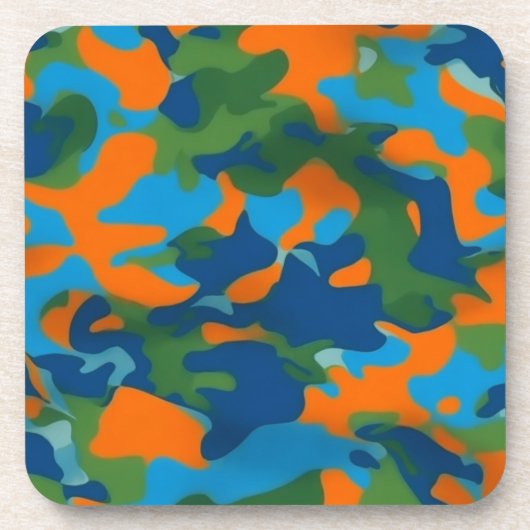 鮮やかなオレンジ、青、緑のカモフラージュ柄 GETRÄNKEUNTERSETZER (Vorderseite)