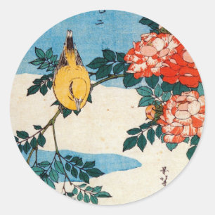 黄 鳥 と 薇, 北 Yellow Bird und Rose, Hokusai, Ukiyo-e Runder Aufkleber