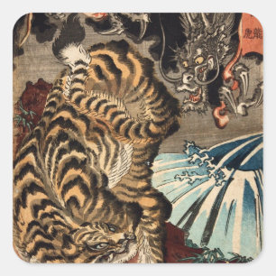 龍 虎, 国 Tiger & Dragon, Kuniyoshi, Ukiyo-e Quadratischer Aufkleber