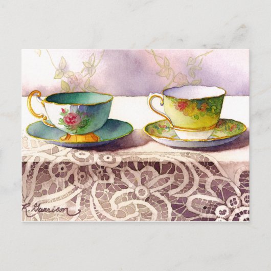 0001 Teacups on Lace Grußkarte Postkarte (Vorderseite)