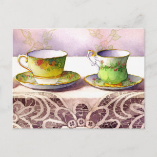 0001 Teacups on Lace Grußkarte Postkarte