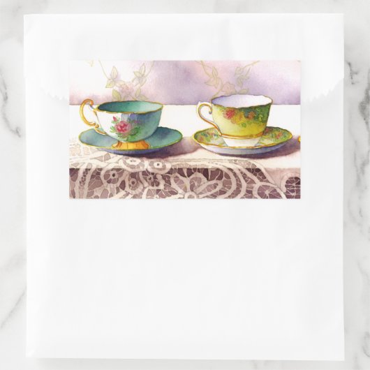 0001 Teakups auf Spitzenaufklebern Rechteckiger Aufkleber (Tasche)