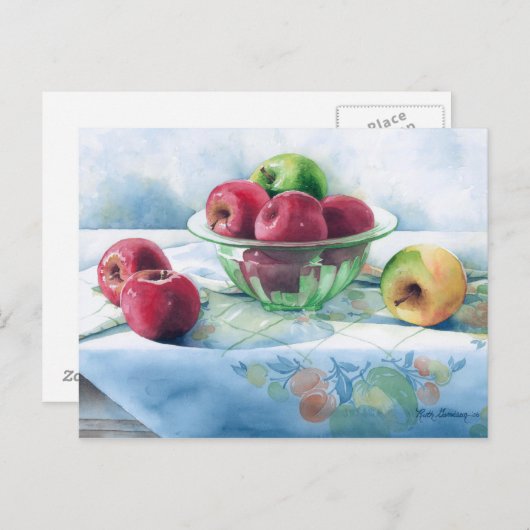 0002 Äpfel in grüner Glasschale Postkarte (Vorne/Hinten)