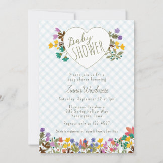 001 Himmel1 Gingham Garten Herz Blumen Baby-Party Einladung