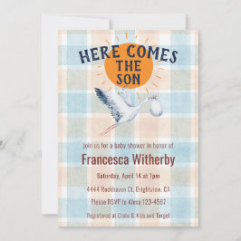 001 Himmel Wasserfarbe Karo Storch Boho Baby Showe Einladung