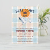 001 Himmel Wasserfarbe Karo Storch Boho Baby Showe Einladung (Stehend Vorderseite)