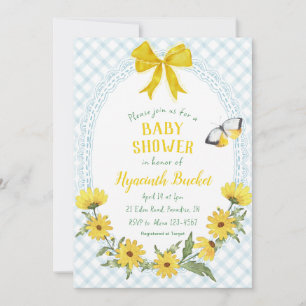 001 Himmelblau Gelbe Gänseblümchen Schleife Gingha Einladung