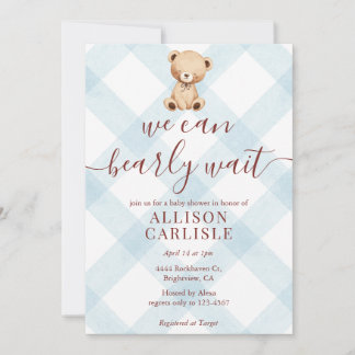 001 Himmelblauer Teddybär-Gingham-Baby-Shower Einladung