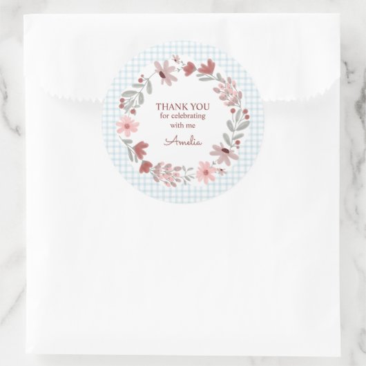 001 Himmelblauer Wildblumen-Bogenrahmen Gingham Runder Aufkleber (Tasche)