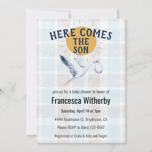 001 Sky 020 Fog Sun Plaid Stork Baby Shower Einladung (Vorderseite)