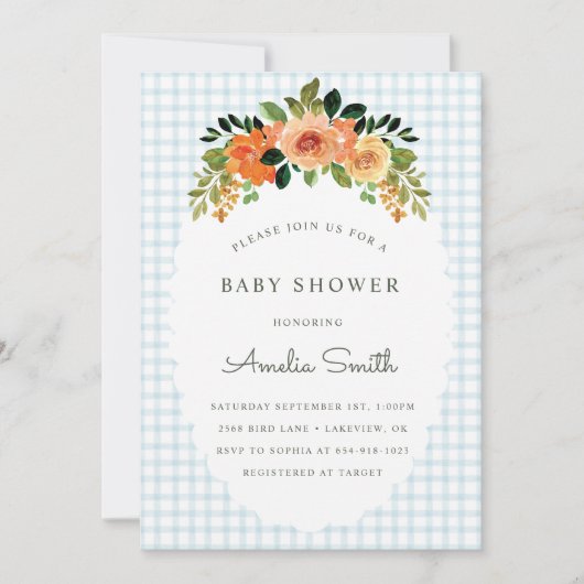 001 Sky Blue Floral Gingham Baby Shower Invitation Einladung (Vorderseite)