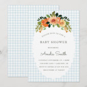 001 Sky Blue Floral Gingham Baby Shower Invitation Einladung (Vorne/Hinten)