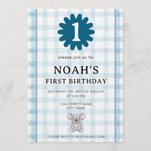 001 Sky Watercolor Check Koala Birthday Invitation Einladung (Vorderseite)