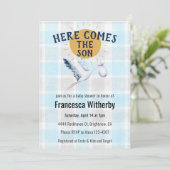 002 Cerulean 020 Fog Sun Plaid Stork Baby Shower Einladung (Stehend Vorderseite)