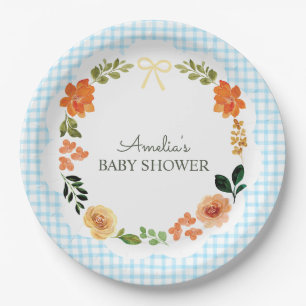 002 Cerulean Blaue Florale Gingham-Baby-Party Pappteller