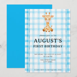 002 Cerulean Blaue Gitter Giraffe Geburtstagseinla Einladung