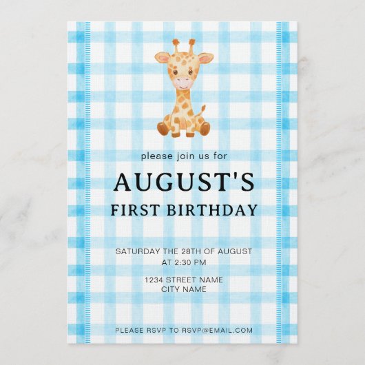 002 Cerulean Blue Check Giraffe Birthday Invite Einladung (Vorderseite)