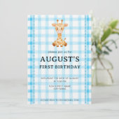 002 Cerulean Blue Check Giraffe Birthday Invite Einladung (Stehend Vorderseite)