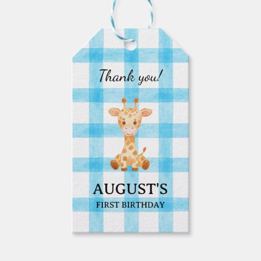 002 Cerulean Blue Check Giraffe Gift Tag Geschenkanhänger (Vorderseite)