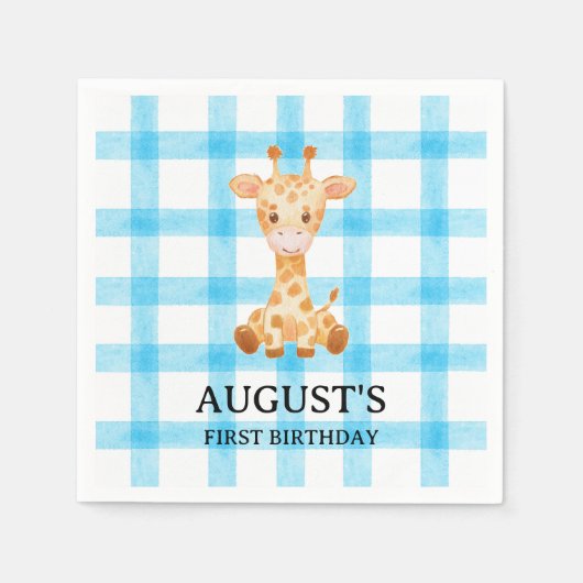 002 Cerulean Blue Check Giraffe Napkin Serviette (Vorderseite)